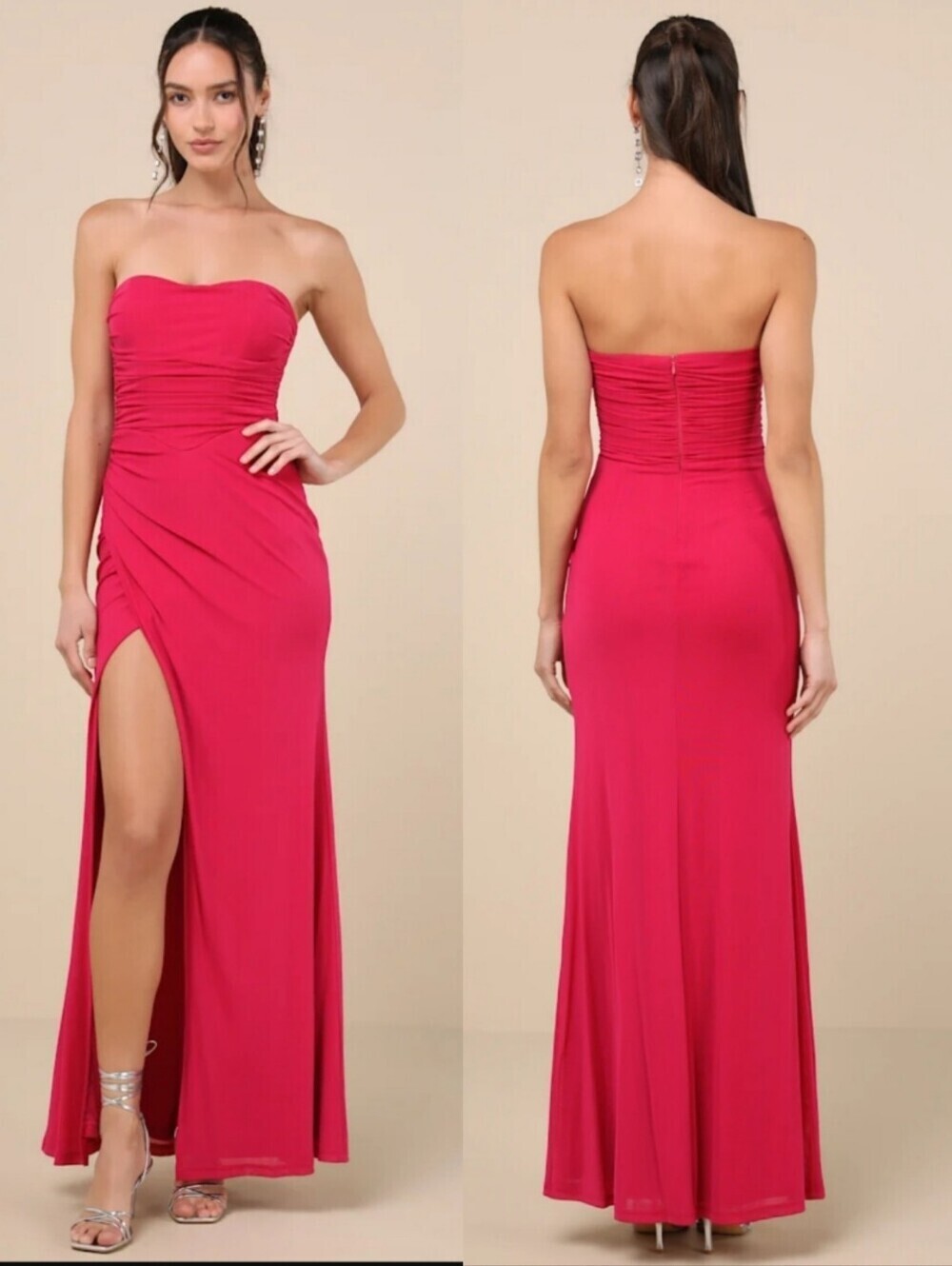Lulu's Epitome of Allure Fuchsia Mesh Strapless Ruched Maxi Dress XS